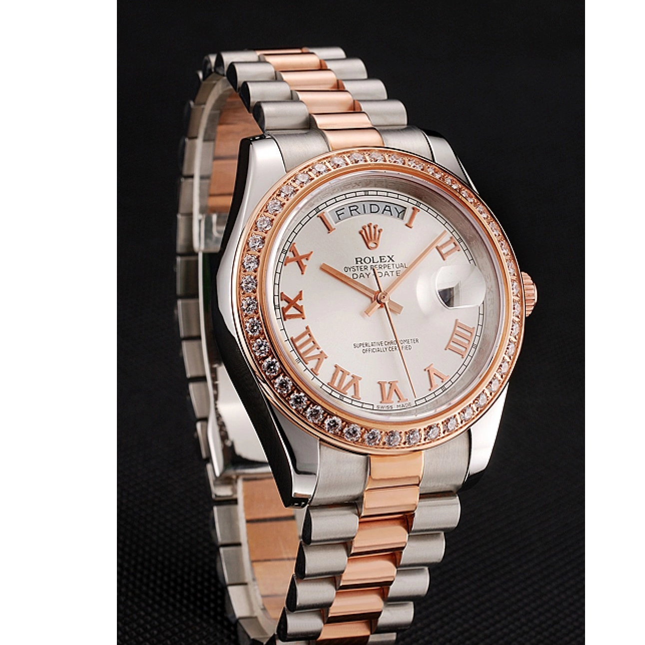 MiroTime 0817 Swiss Rolex Day-Date Diamonds Bezel White Dial Rose Gold And Staineless Steel Bracelet 1454108